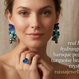 Blue Hydrangea Earrings with Turquoise & Baroque Pearls, Statement Floral Jewelry, Real Flower Earrings, Handmade Botanical Jewelry Gift