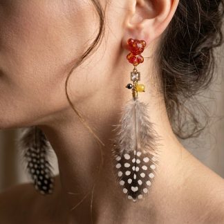 Boho Teddy Bear Feather Earrings – Topaz Pearl & Crystal Statement Earrings, Handmade Fantasy Jewelry