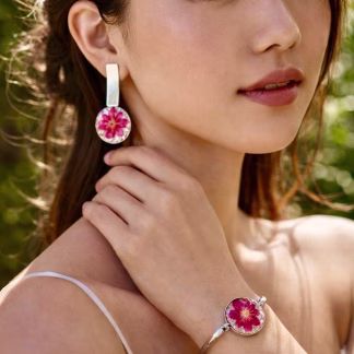 Real Sakura Flower Earrings Bracelet Set – Handmade Resin Botanical Jewelry