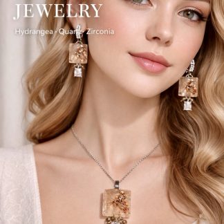 Real Hydrangea Flower Resin Jewelry Set, Smoky Quartz, Zirconia Necklace Earrings