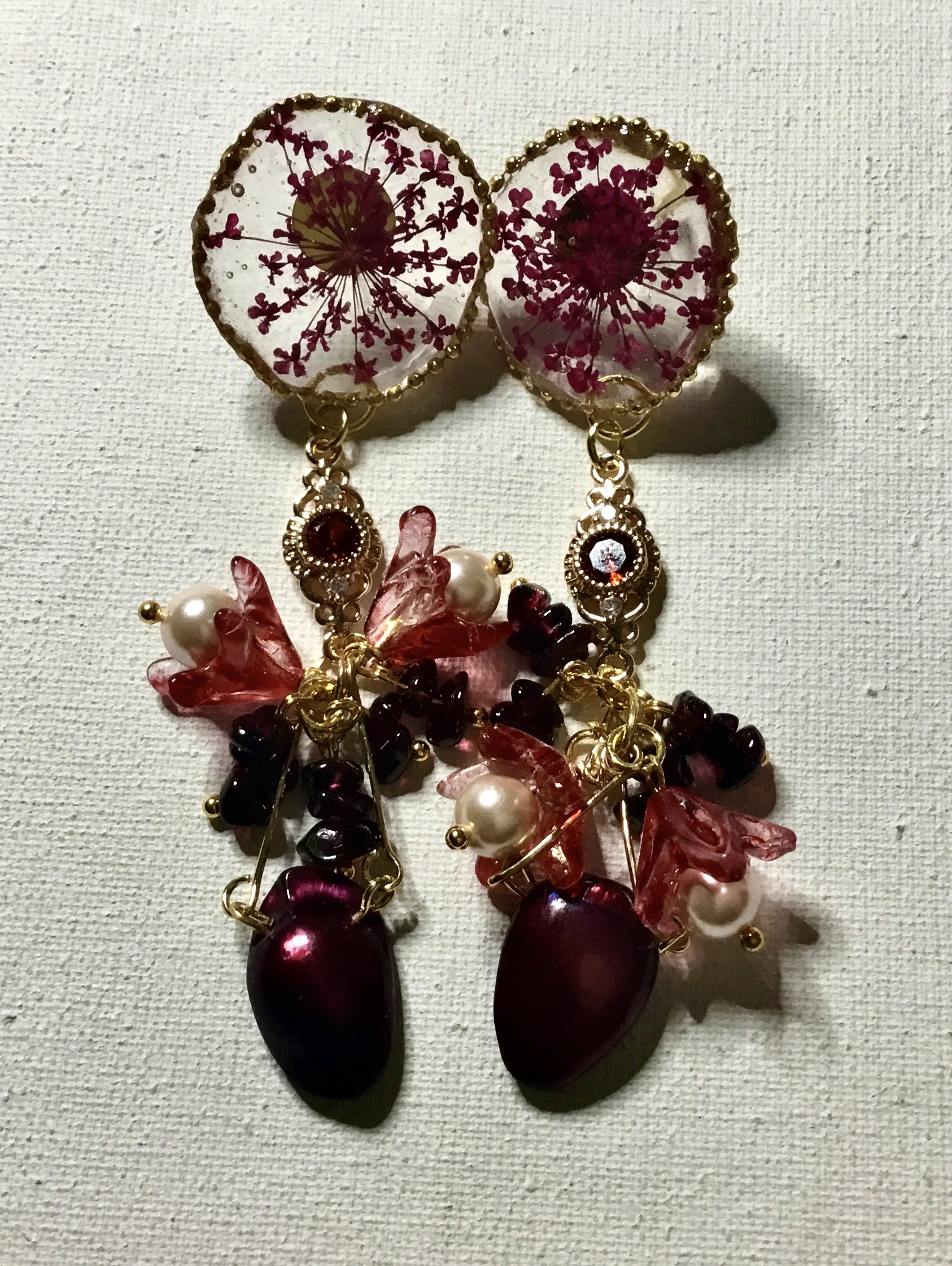 Pressed Queen Anne’s Lace Earrings with Garnet & Baroque Pearl