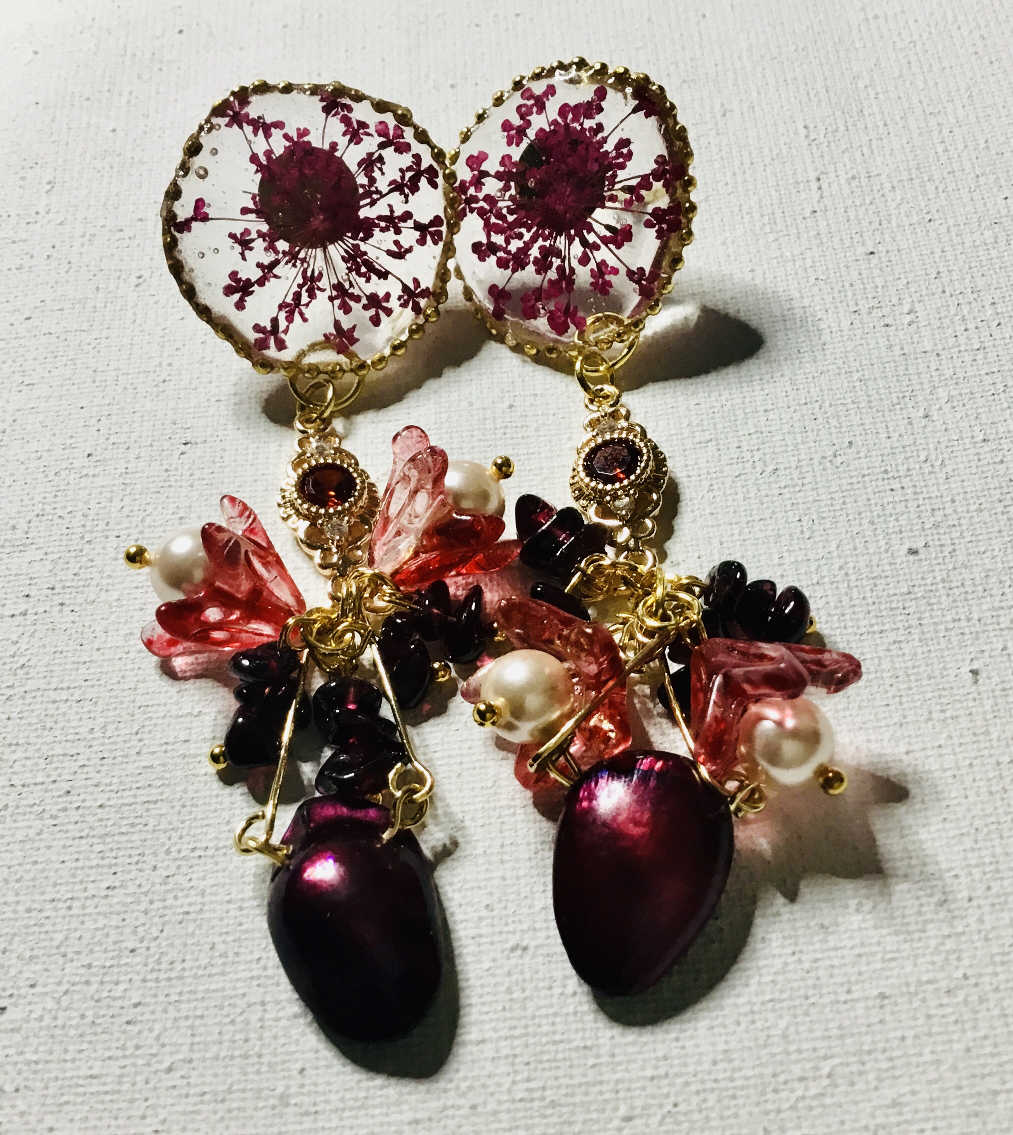 Pressed Queen Anne’s Lace Earrings with Garnet & Baroque Pearl