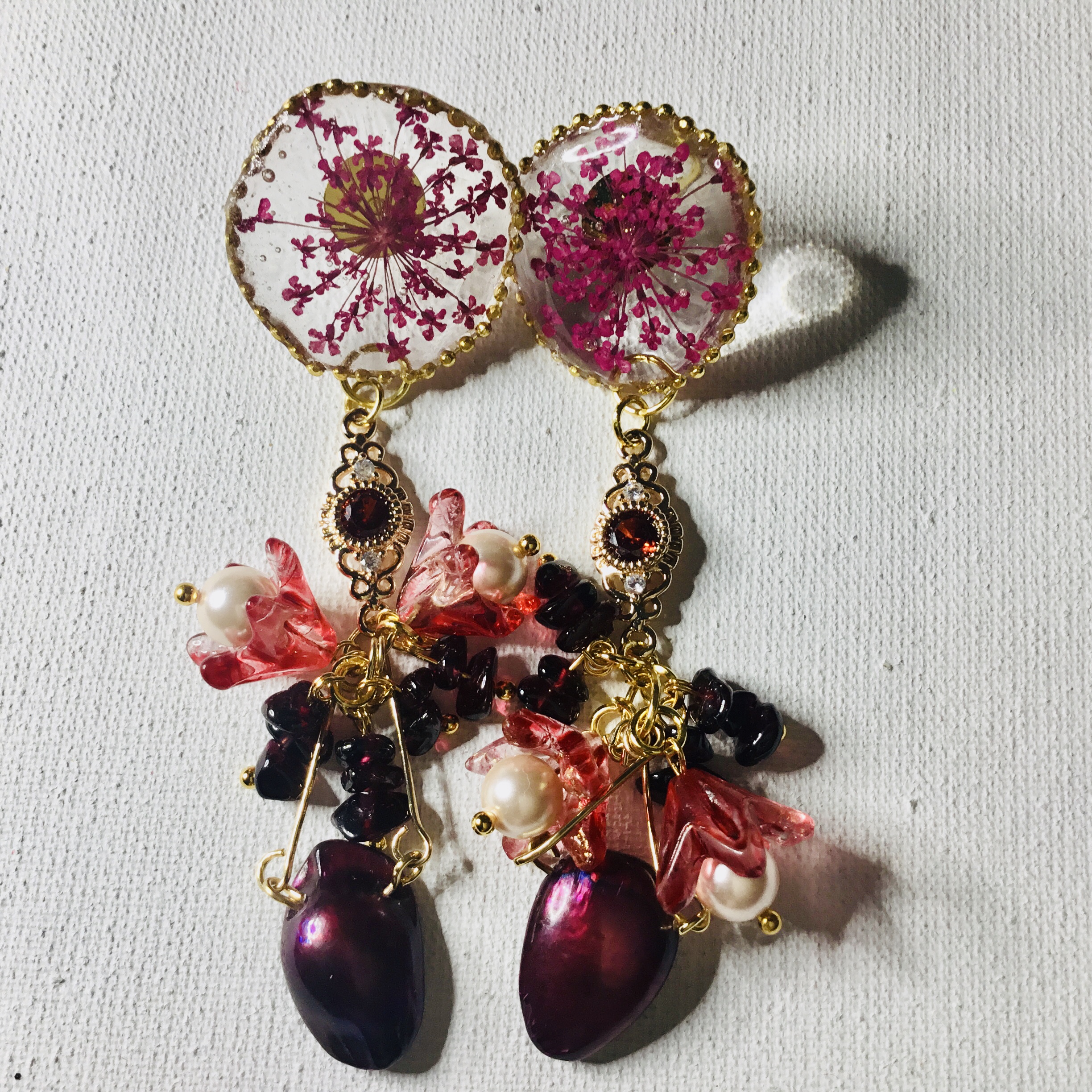 Pressed Queen Anne’s Lace Earrings with Garnet & Baroque Pearl