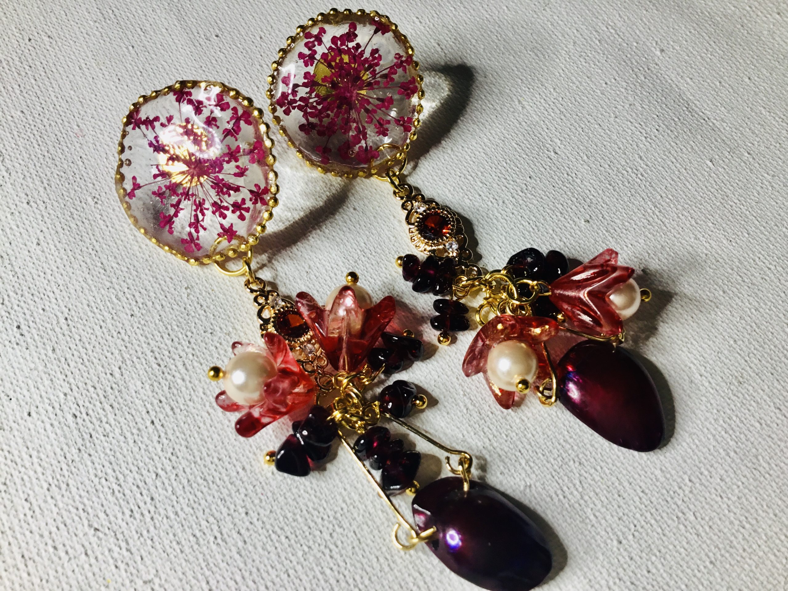 Pressed Queen Anne’s Lace Earrings with Garnet & Baroque Pearl
