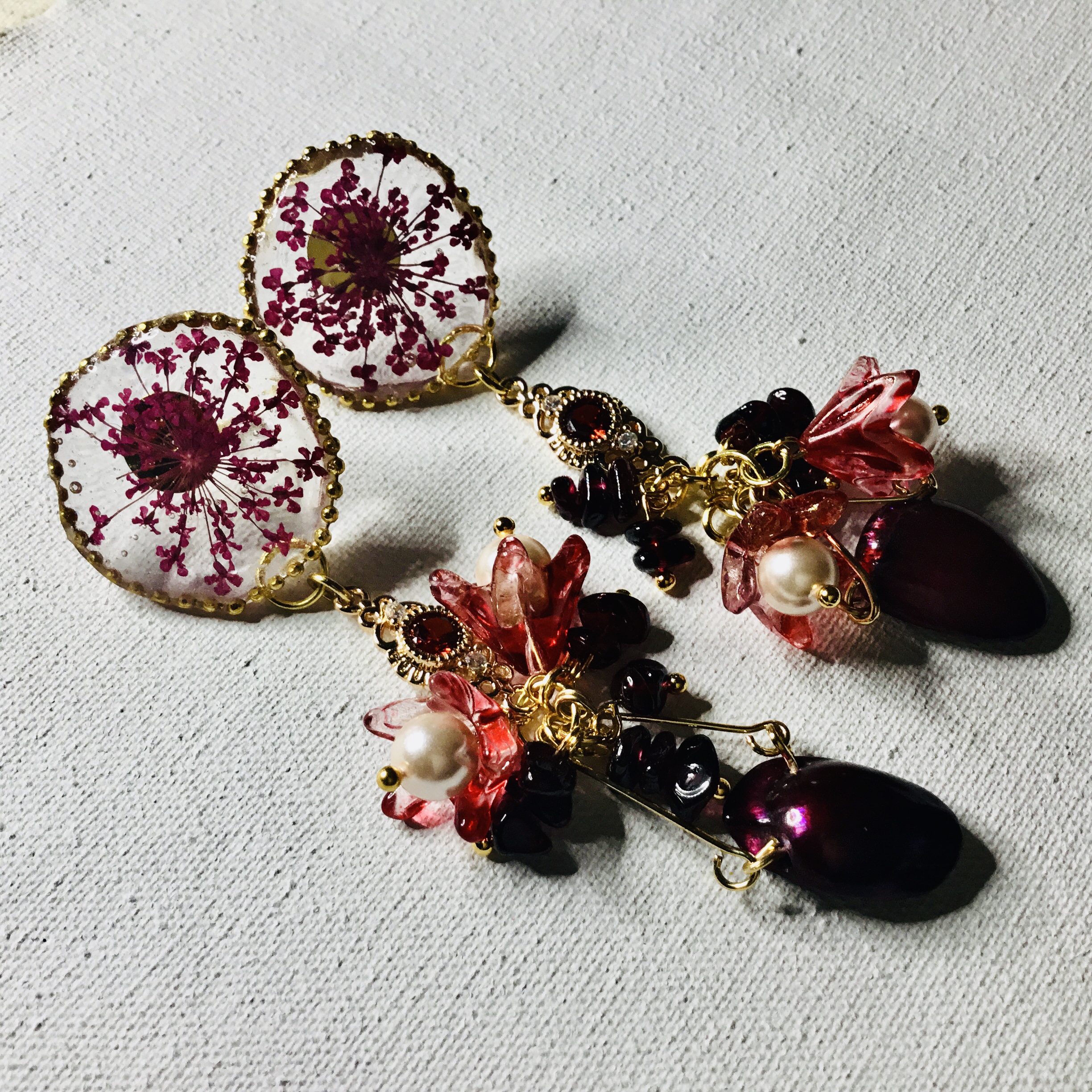 Pressed Queen Anne’s Lace Earrings with Garnet & Baroque Pearl