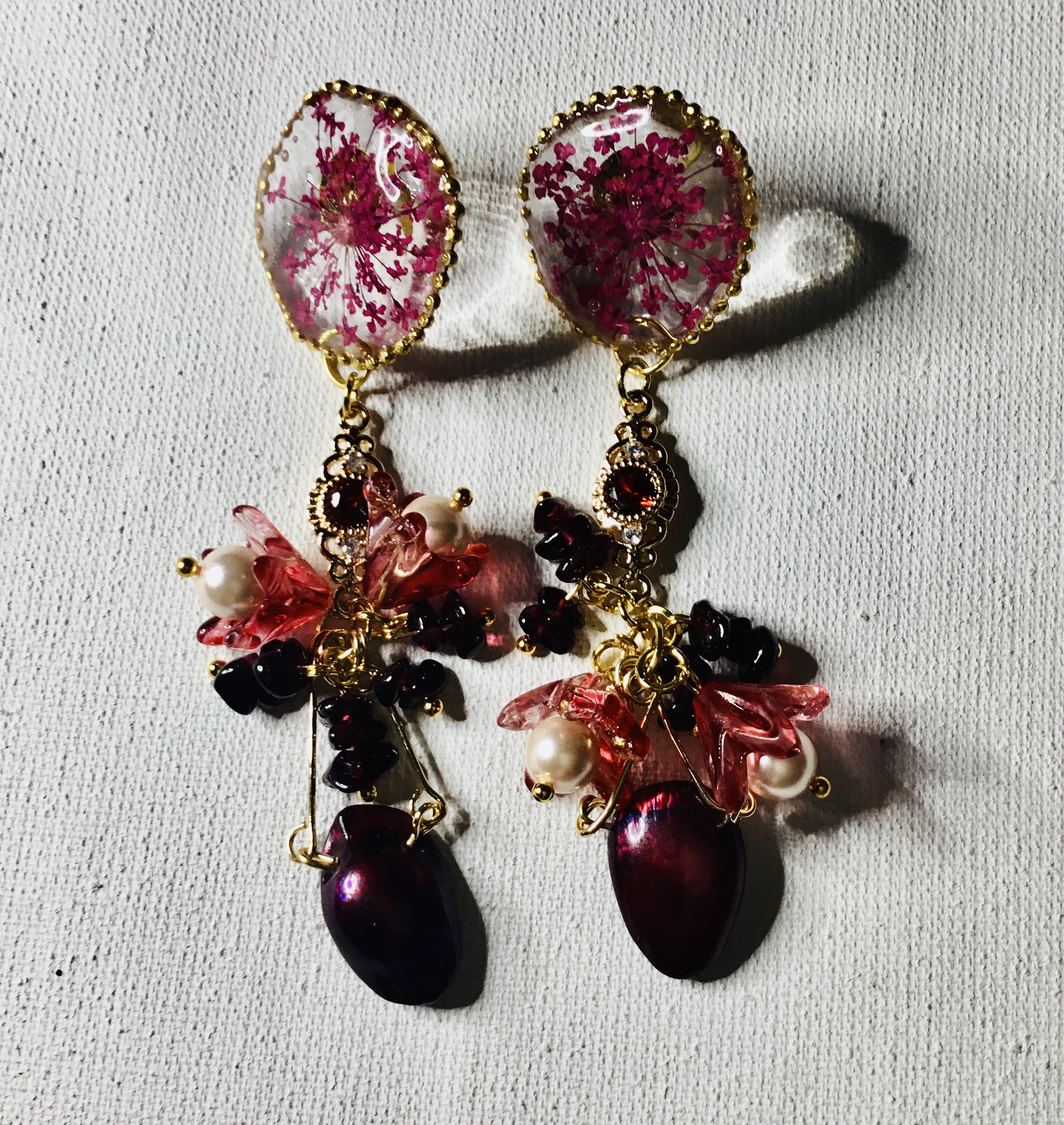 Pressed Queen Anne’s Lace Earrings with Garnet & Baroque Pearl