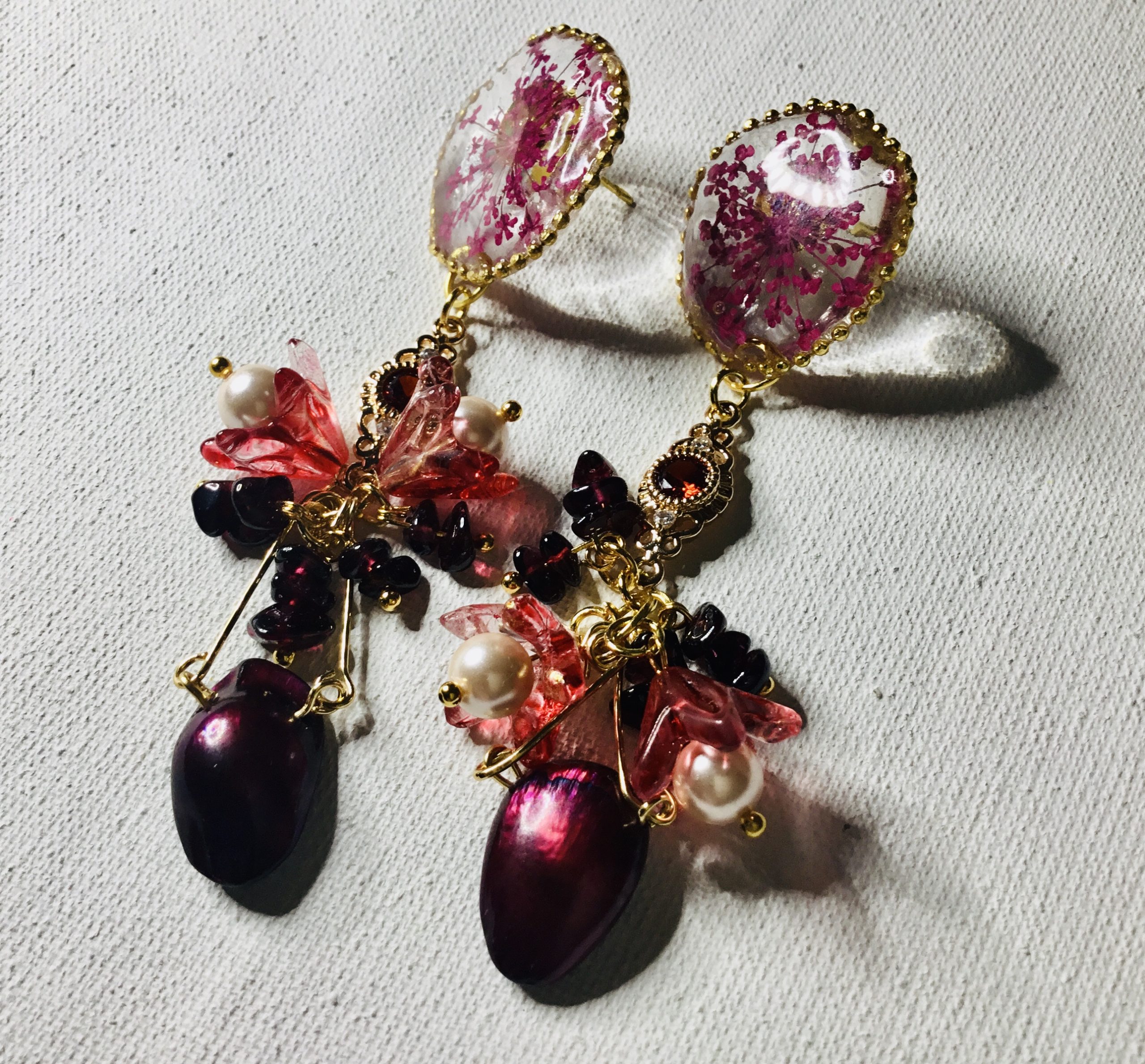 Pressed Queen Anne’s Lace Earrings with Garnet & Baroque Pearl