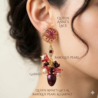 Pressed Queen Anne’s Lace Earrings with Garnet & Baroque Pearl