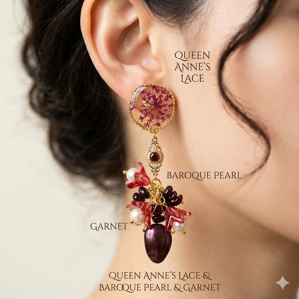 Pressed Queen Anne’s Lace Earrings with Garnet & Baroque Pearl