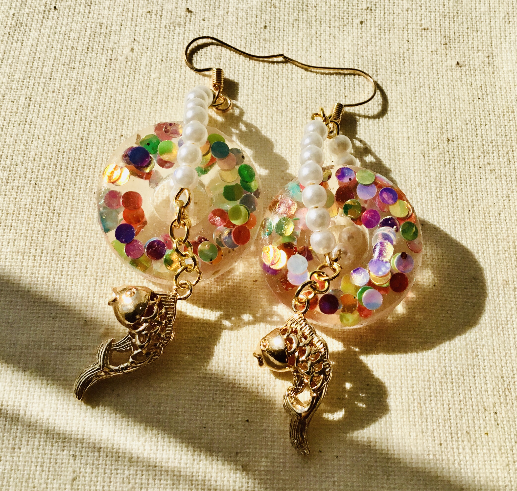 Golden Koi Fish Resin Earrings with Colorful Confetti and Pearls
