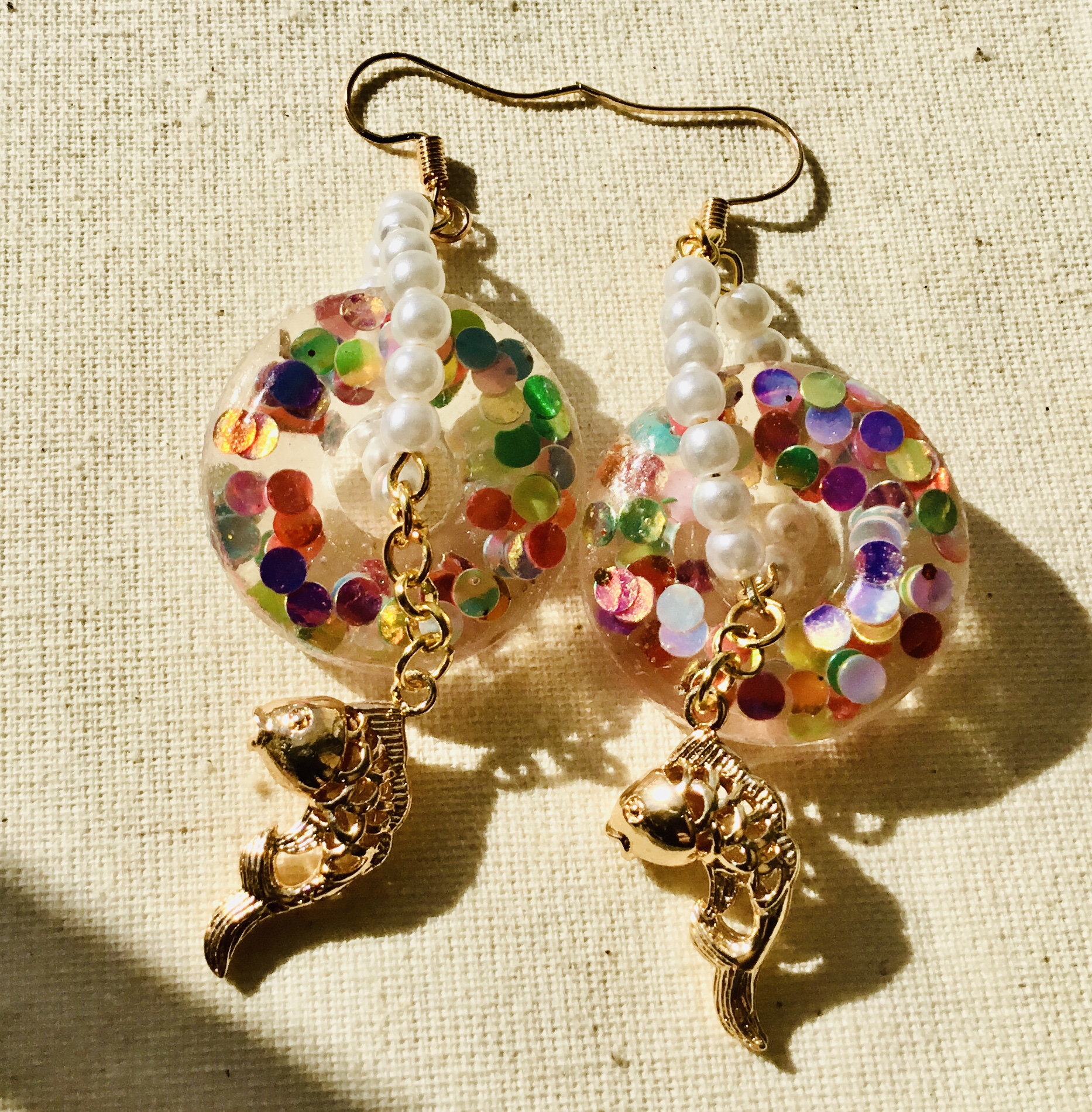 Golden Koi Fish Resin Earrings with Colorful Confetti and Pearls