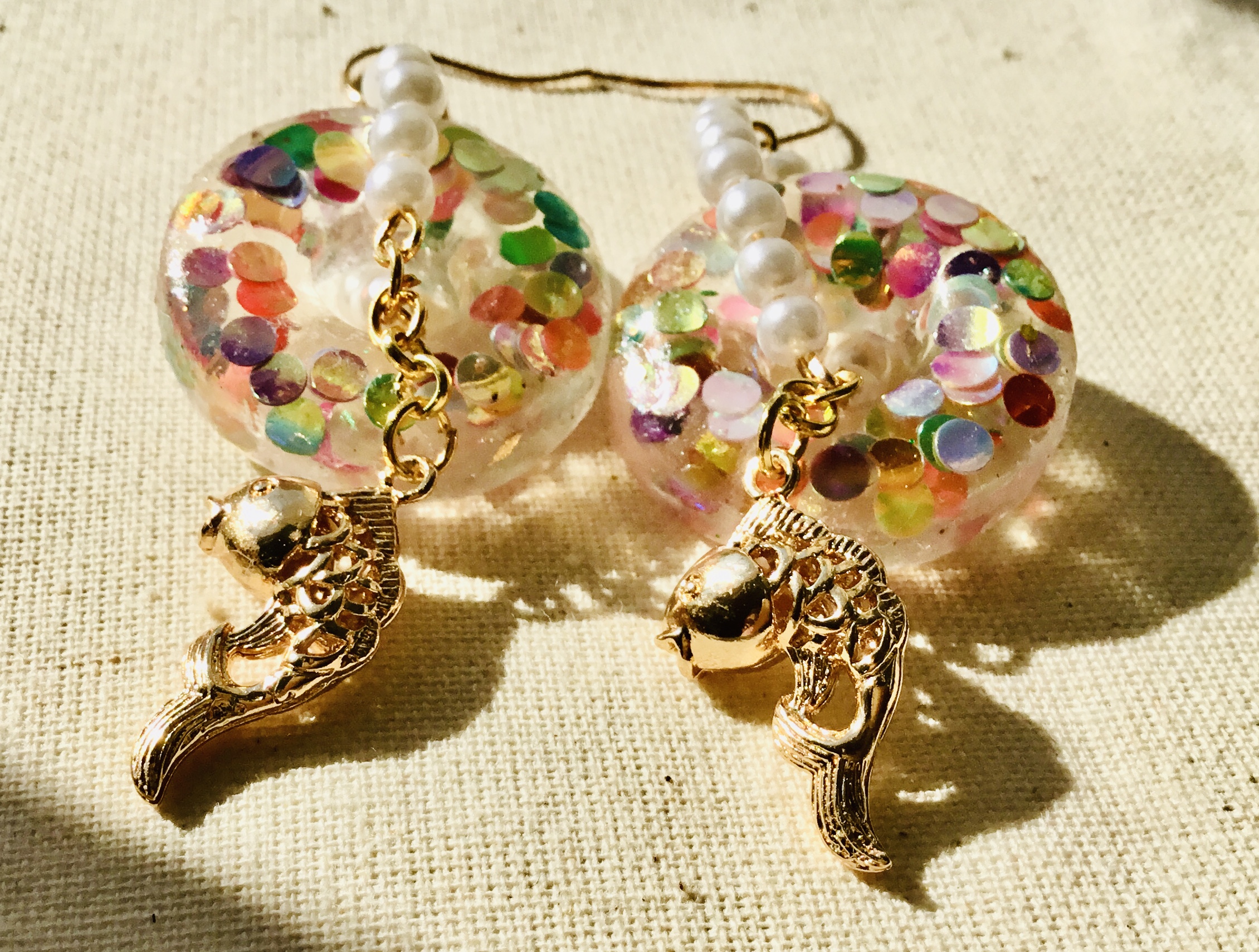 Golden Koi Fish Resin Earrings with Colorful Confetti and Pearls