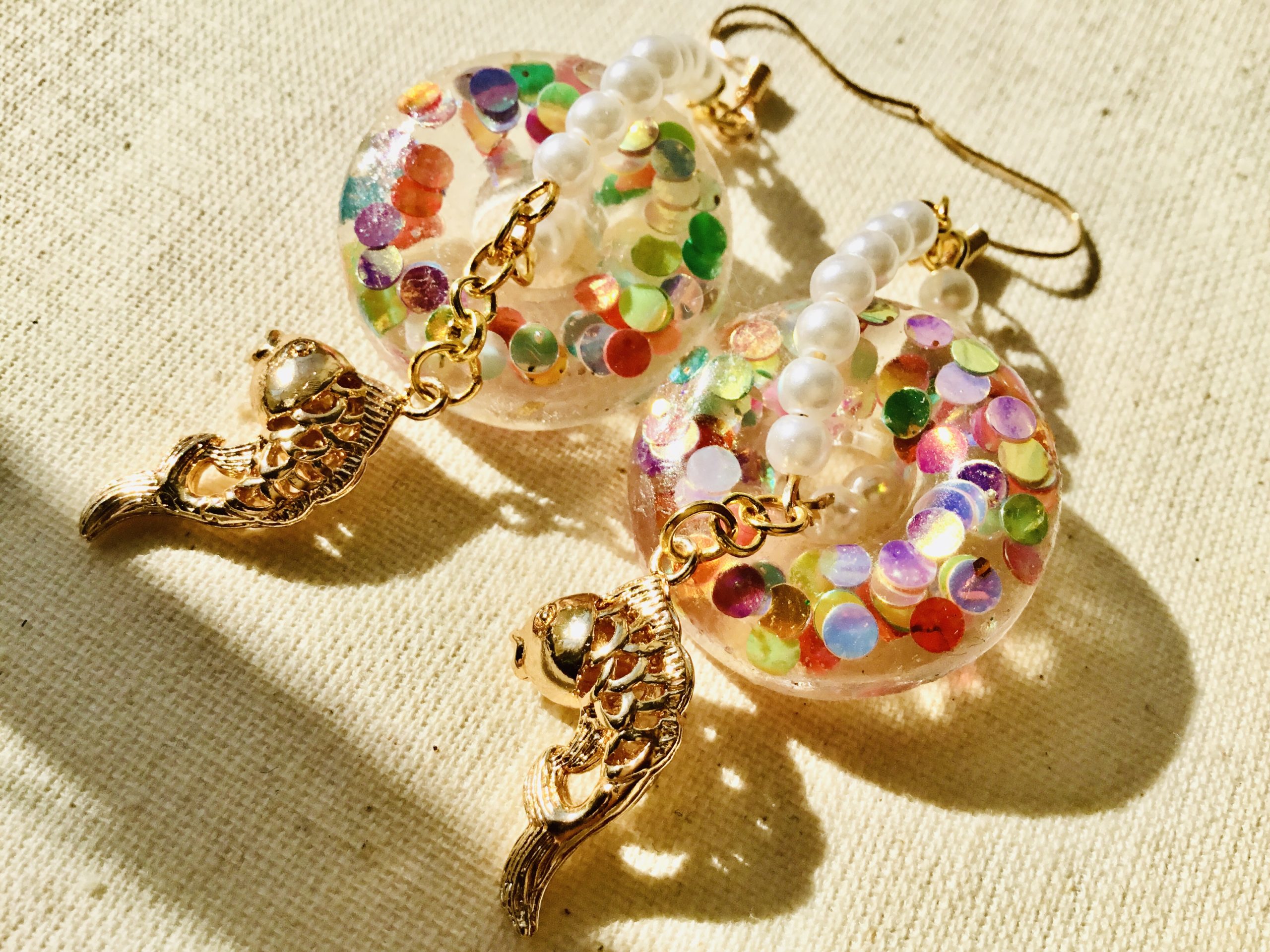Golden Koi Fish Resin Earrings with Colorful Confetti and Pearls