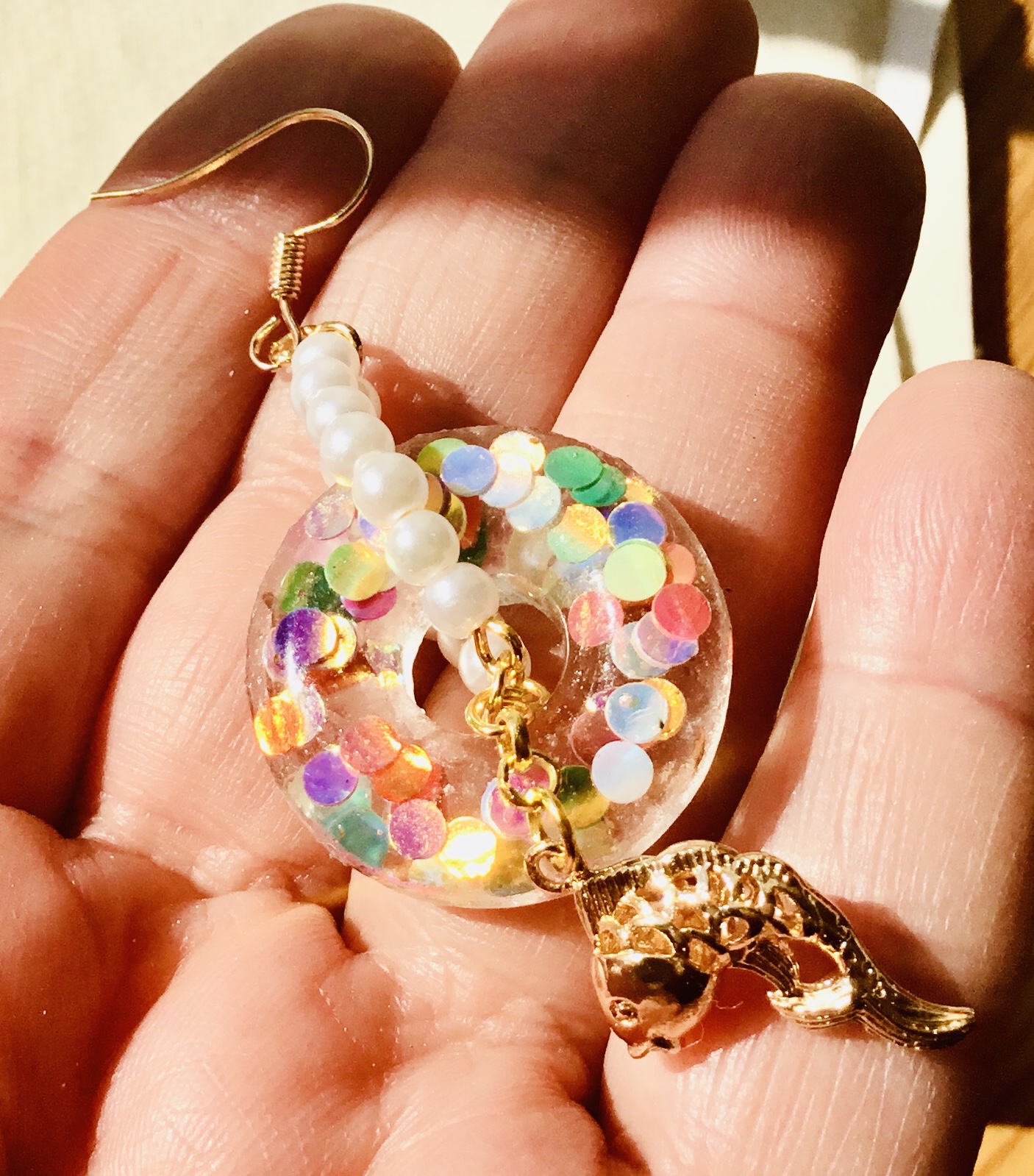 Golden Koi Fish Resin Earrings with Colorful Confetti and Pearls