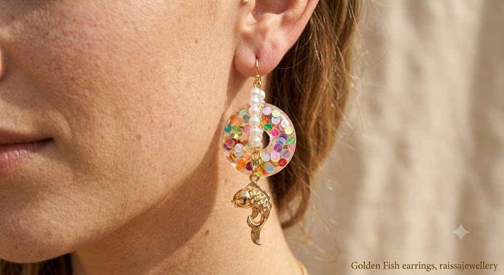 Golden Koi Fish Resin Earrings with Colorful Confetti and Pearls