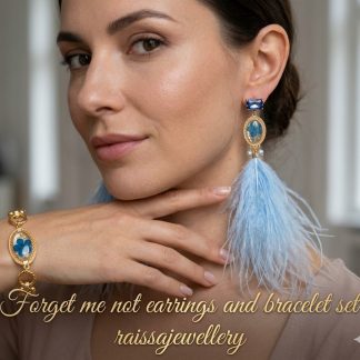 Forget Me Not Jewelry Set, Real Blue Flower Earrings & Bracelet, Gold Plated Statement Dangles