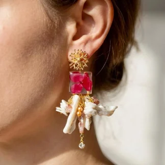 Gold Plated Hydrangea Resin Earrings – Mother of Pearl, Baroque Pearl, Crystal Dangle