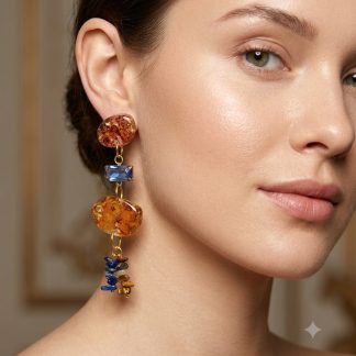 Handmade statement earrings featuring preserved hydrangea flowers in amber resin with genuine lapis lazuli gemstones, tiger's eye beads, gold-tone accents, and customizable push-back or clip-on closures.