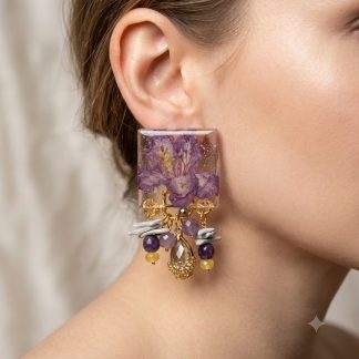 Handmade jewelry set featuring real preserved rhododendron flowers in crystal-clear resin with genuine amethyst, natural gemstone beads, crystal accents, and gold-tone filigree details.